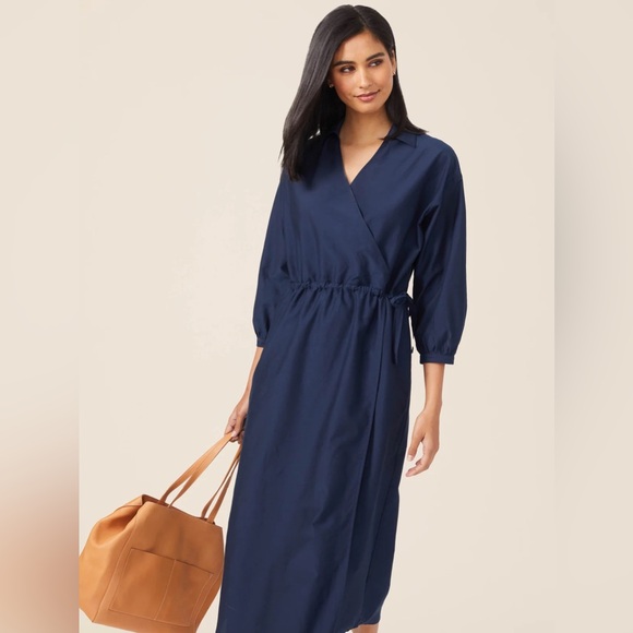 EUC J. McLaughlin Elayne Dress Silk & Cotton Deep Navy Collared Midi Dress - Picture 10 of 10